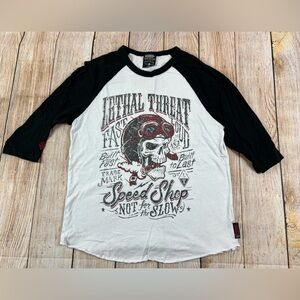 Lethal Threat Fast Loud Biker Speed Shop Skull Raglan T Shirt Size Small
